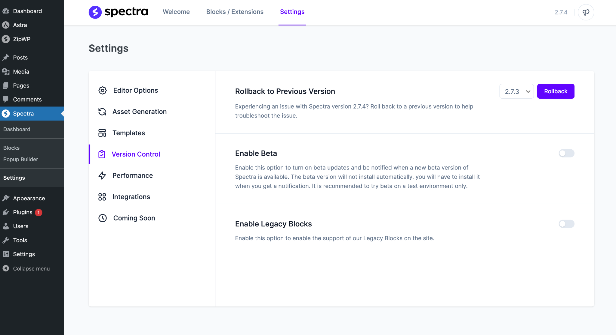 Rollback to the Previous Version of Spectra
