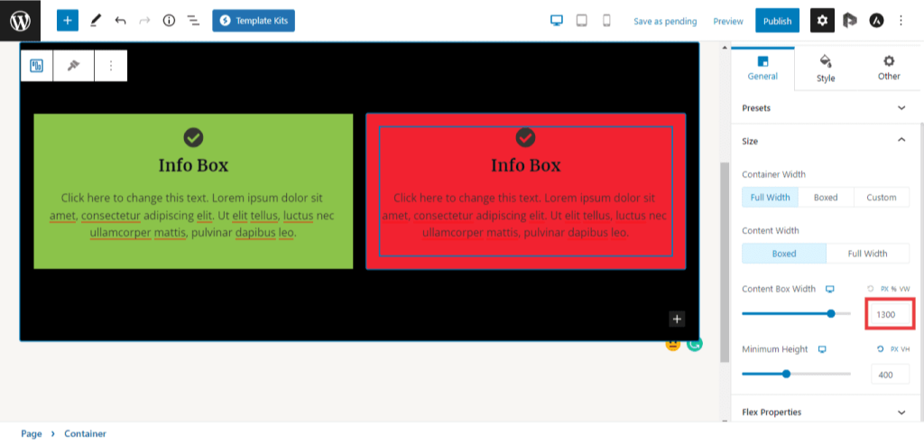 Custom width container