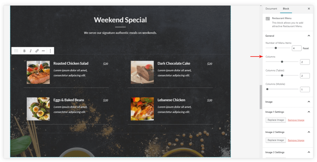 menu column number