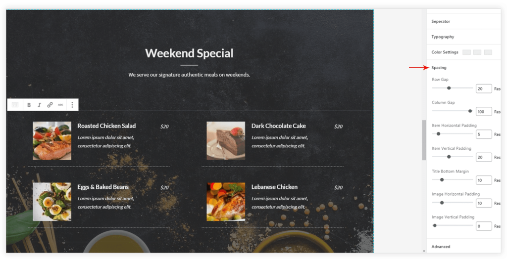 menu spacing
