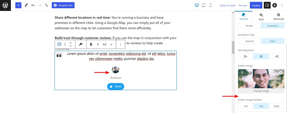 Add author image and write name
