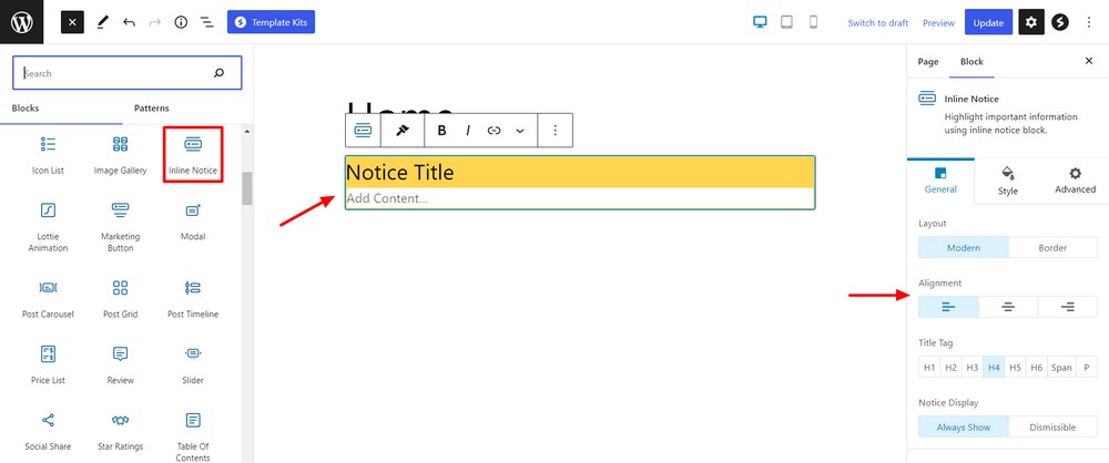 Inline notice block