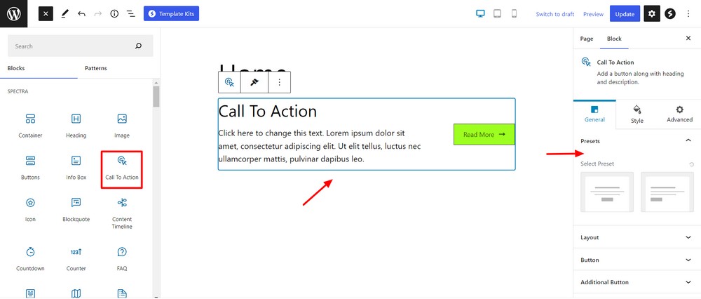 Spectra call to action block