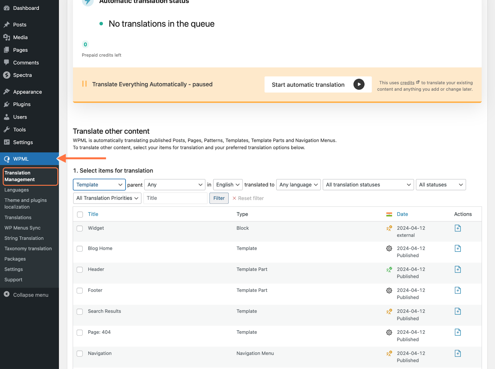 Go to WPML > Translation Management.